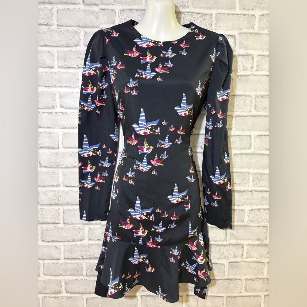 Merry Dot navy Long-Sleeve A-Line Dress with Blue-Striped Bird- see measurements